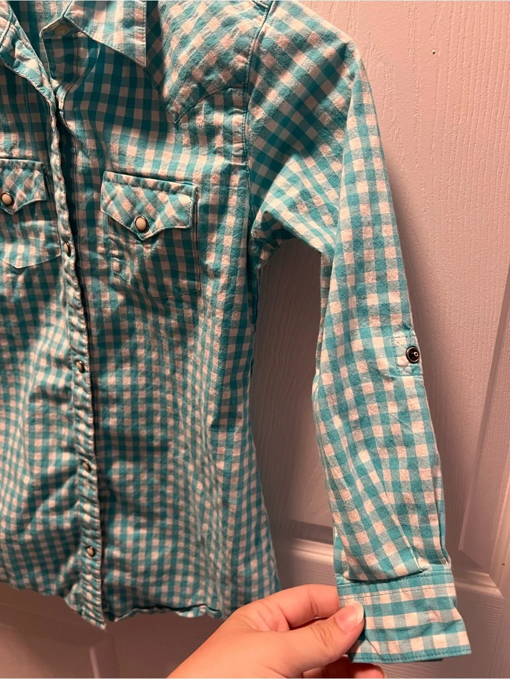 Wrangler Girls Turquoise Gingham Button-Front Shirt Pearl Snaps
